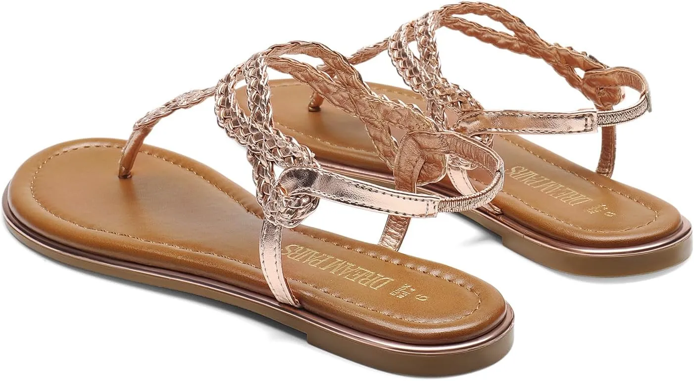 DREAM PAIRS Women's Flat Sandals Dressy Summer Stappy Comfortable Ankle Elastic T-Strap Beach Thong Sandals