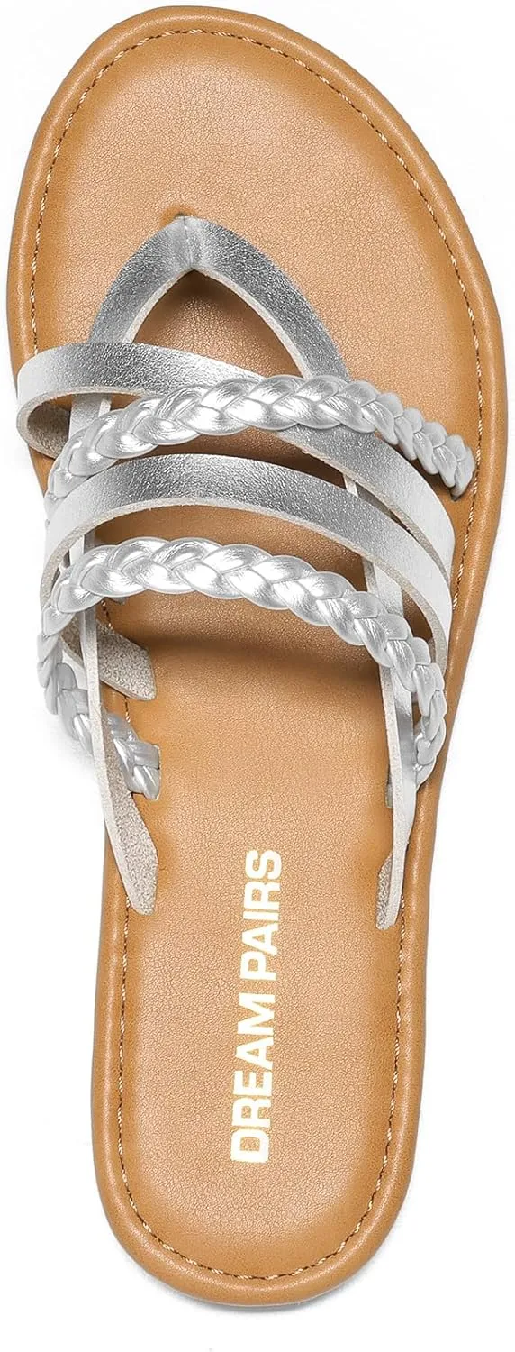DREAM PAIRS Women's Flip Flops Round Toe Multi Strap lightweight Summer Beach Flat Casual Thong Sandals