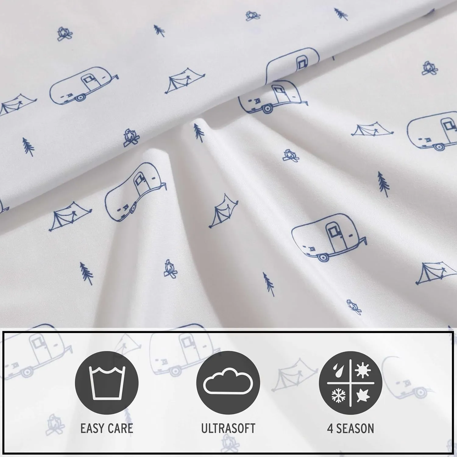 Eddie Bauer Kids - Queen Sheets, Stain-Resistant Toddler Bedding with Matching Sham(s), Super Soft, Ideal Boy Room Essentials (Travel Trailer Blue, Queen)
