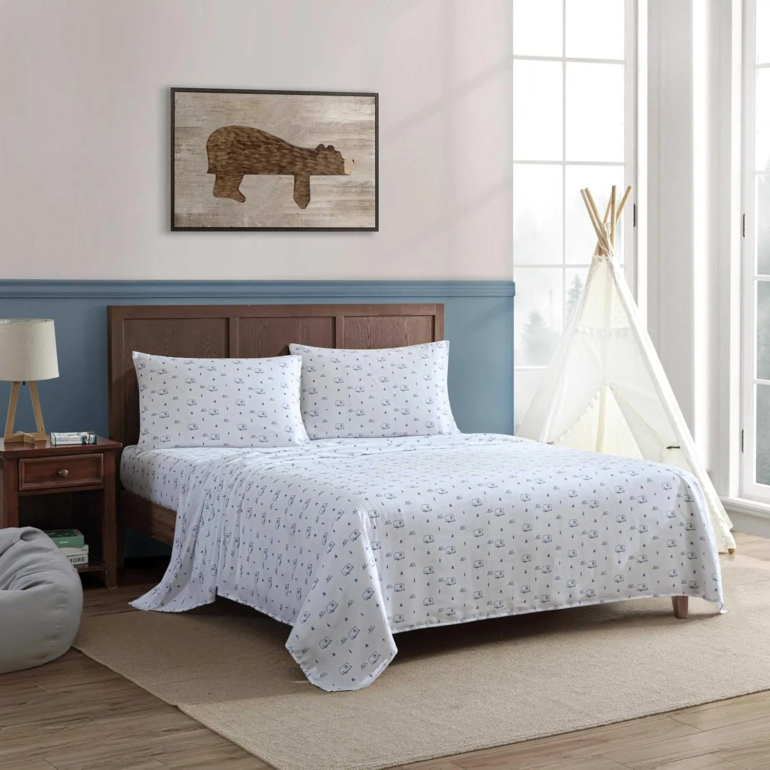 Eddie Bauer Kids - Queen Sheets, Stain-Resistant Toddler Bedding with Matching Sham(s), Super Soft, Ideal Boy Room Essentials (Travel Trailer Blue, Queen)