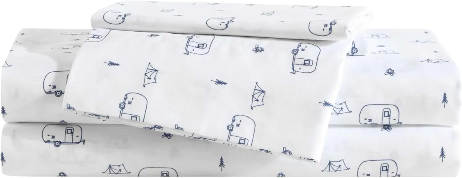 Eddie Bauer Kids - Queen Sheets, Stain-Resistant Toddler Bedding with Matching Sham(s), Super Soft, Ideal Boy Room Essentials (Travel Trailer Blue, Queen)