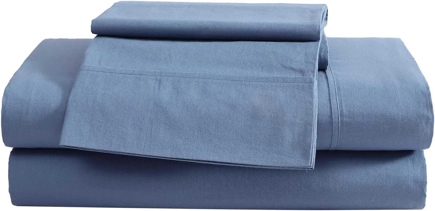 Eddie Bauer King Sheet Set, Washed Percale Bedding Set with Deep Pockets, Super Soft, 100% Luxury Cotton with Smooth Percale Weave (Blue, King)