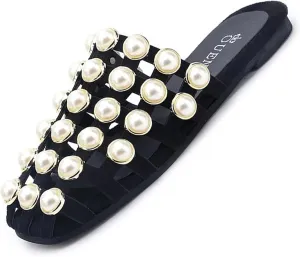 EFTCAL Women's Pearl Square Toe Hollow Mules,Closed Toe Lightweight Comfortable Slip On Flat Sandals,Summer Casual Fashion Non-Slip Beach Sandals