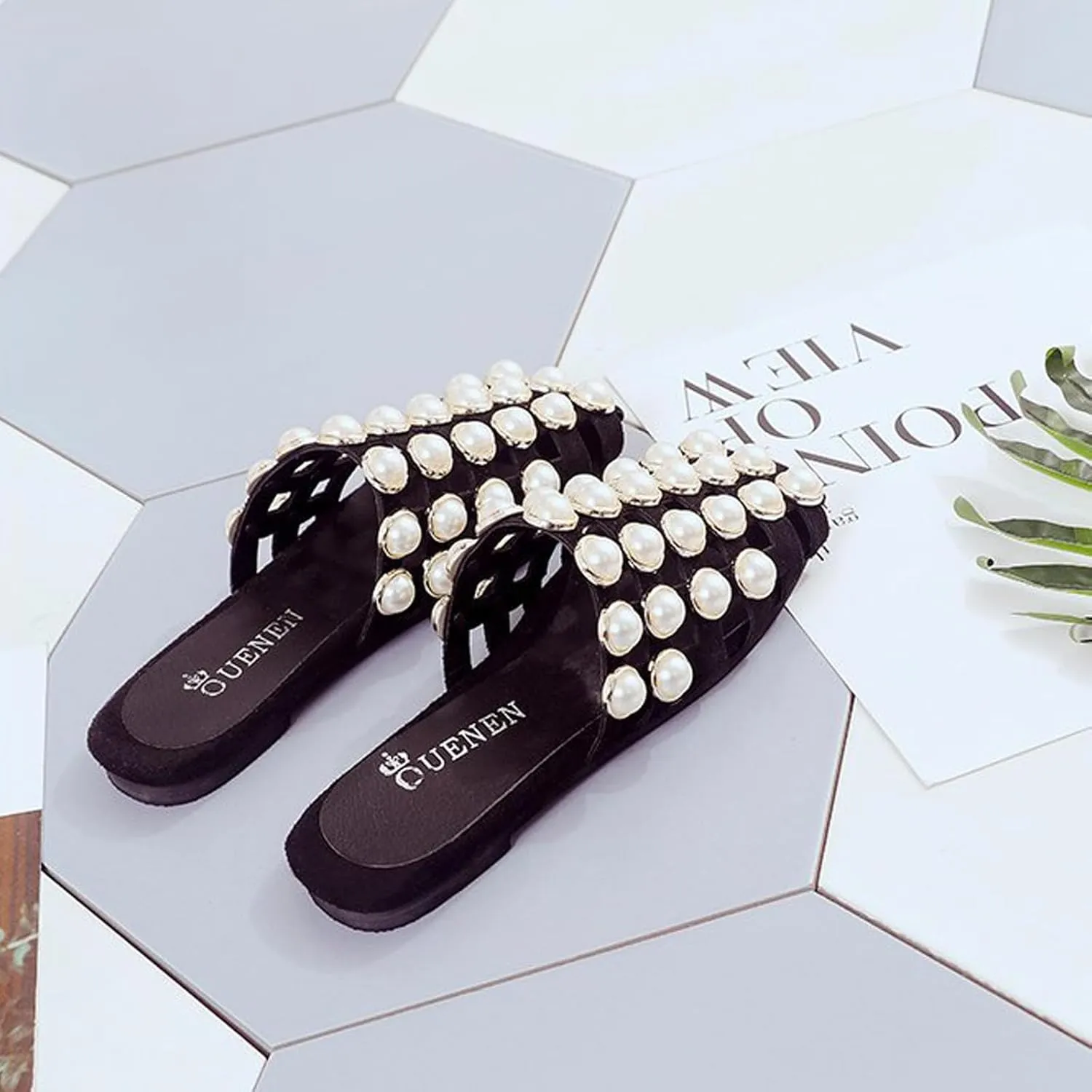 EFTCAL Women's Pearl Square Toe Hollow Mules,Closed Toe Lightweight Comfortable Slip On Flat Sandals,Summer Casual Fashion Non-Slip Beach Sandals