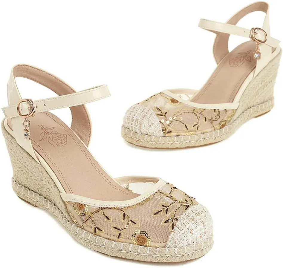 Elbslutt Women's Espadrille Wedge Slingback Sandals Platform Lace Closed Toe Embroidery Ankle Strap Pumps