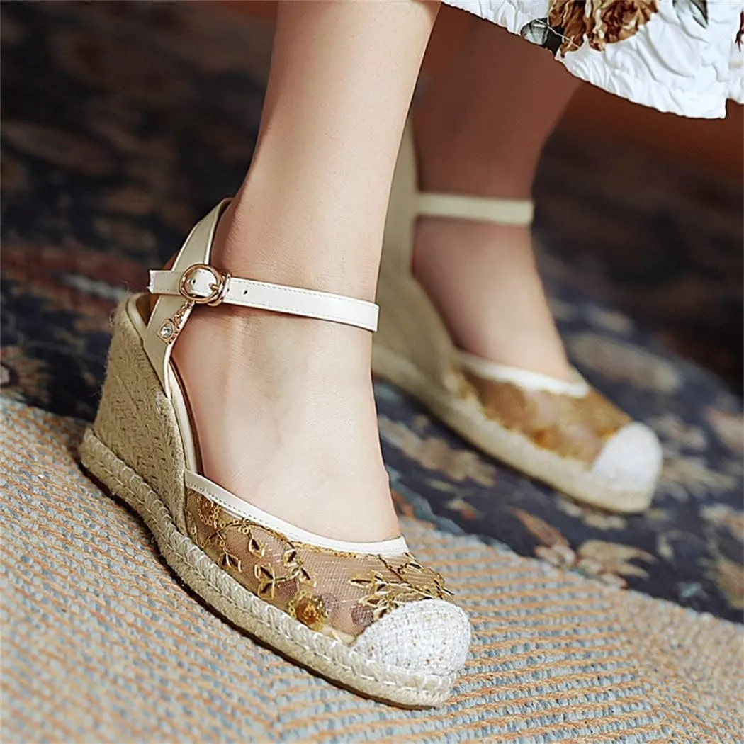 Elbslutt Women's Espadrille Wedge Slingback Sandals Platform Lace Closed Toe Embroidery Ankle Strap Pumps