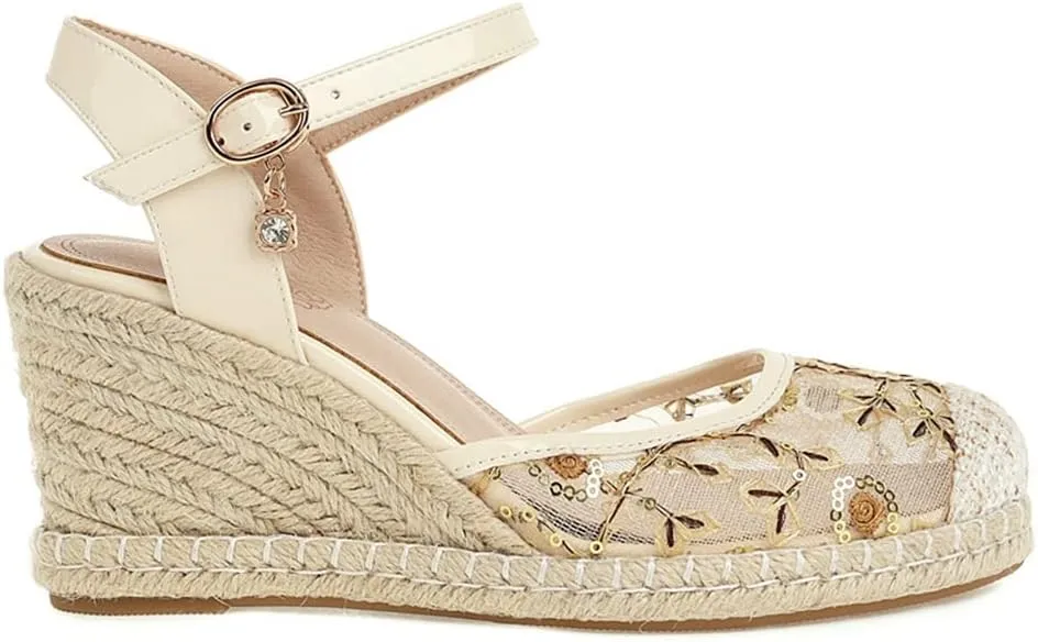 Elbslutt Women's Espadrille Wedge Slingback Sandals Platform Lace Closed Toe Embroidery Ankle Strap Pumps