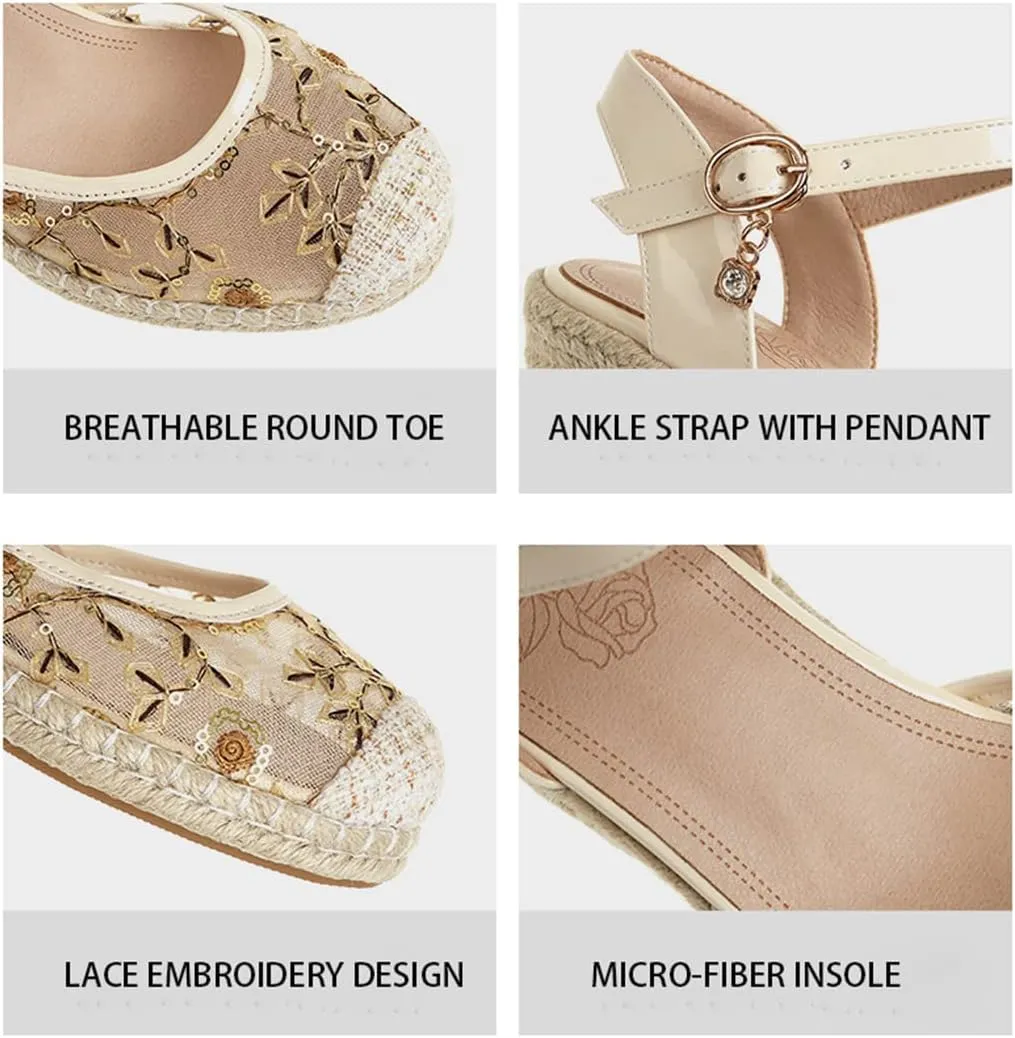 Elbslutt Women's Espadrille Wedge Slingback Sandals Platform Lace Closed Toe Embroidery Ankle Strap Pumps