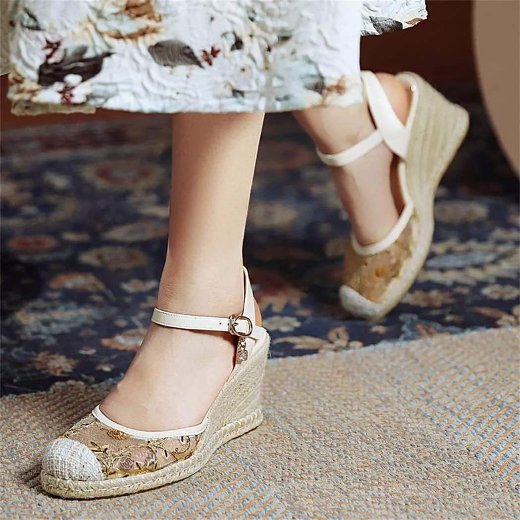 Elbslutt Women's Espadrille Wedge Slingback Sandals Platform Lace Closed Toe Embroidery Ankle Strap Pumps