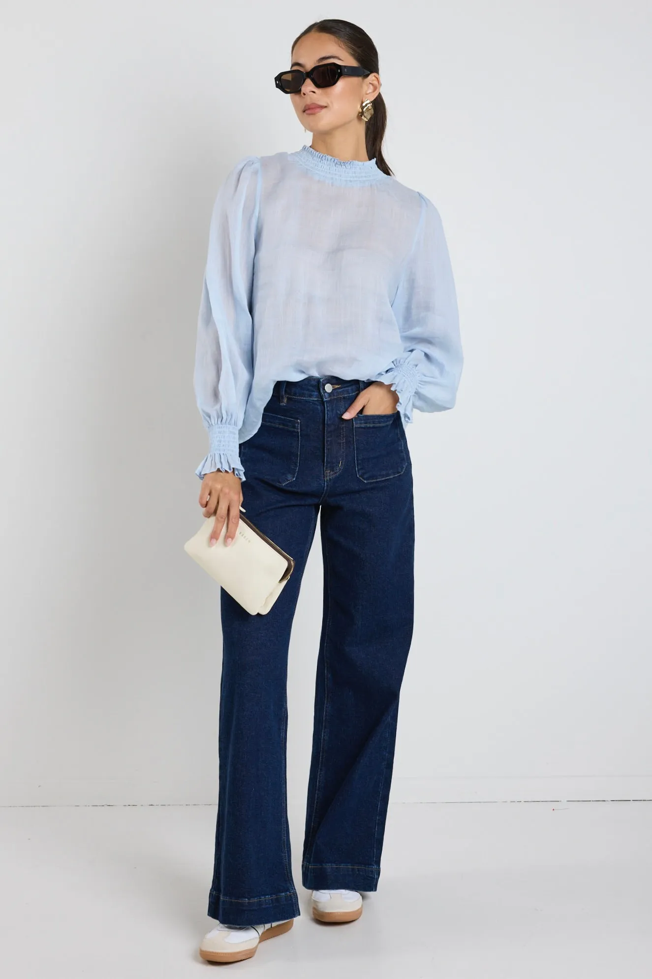 Embrace Ice Blue Ramie Shirred Neck LS Top