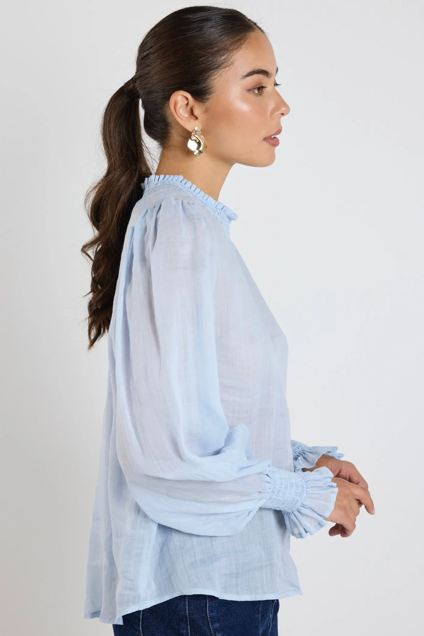 Embrace Ice Blue Ramie Shirred Neck LS Top