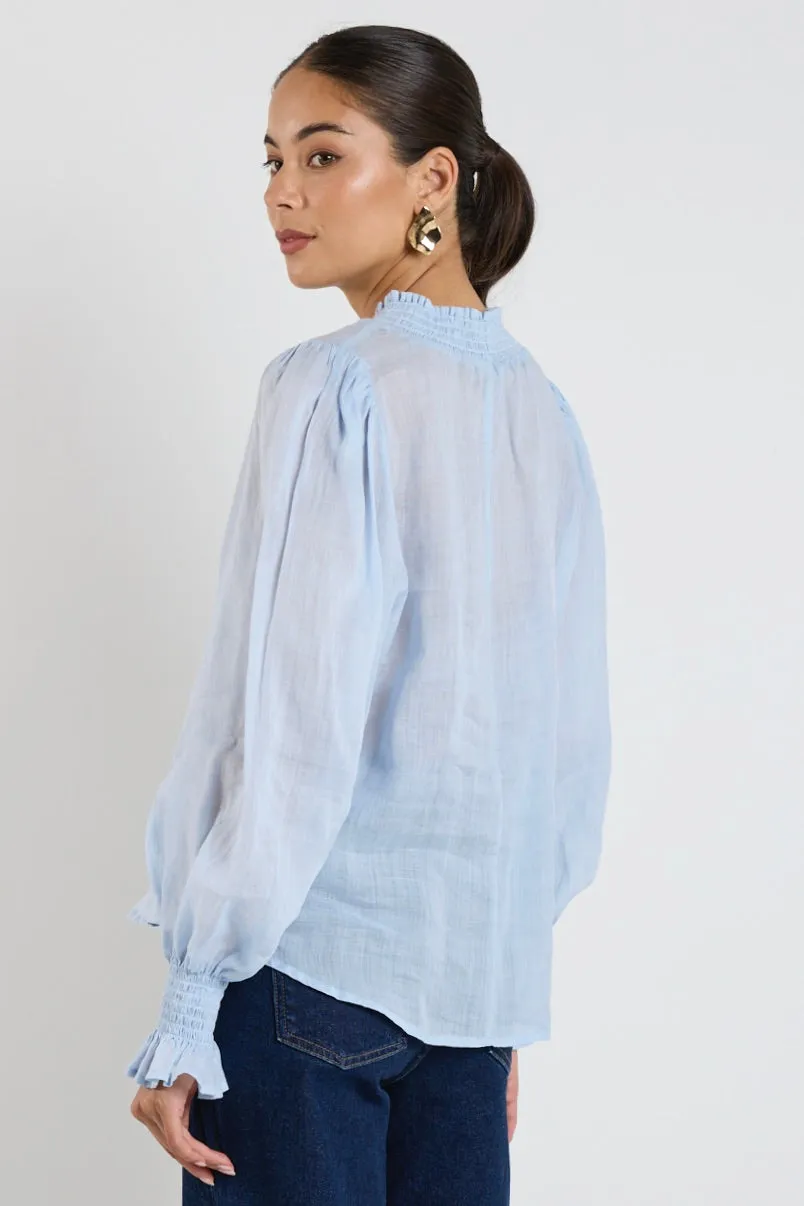 Embrace Ice Blue Ramie Shirred Neck LS Top