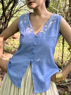 Embroidered V-Neck Poem Linen Top