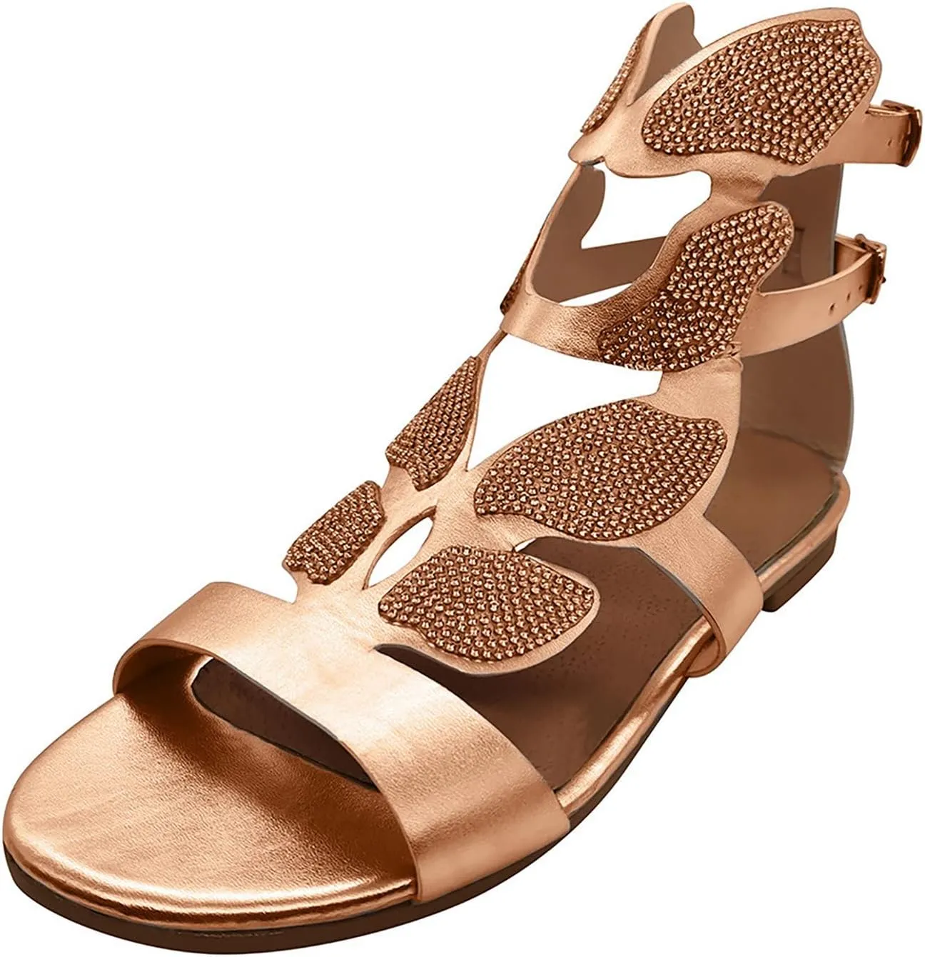 EMRELOD Sandals for Women Dressy Summer Flat Casual Summer Rhinestone Beaded Sparkly Bling Bohemian Lace Flower Sandal Comfortable Elastic Ankle Strap Beach Shoes (Gold-c, 10)