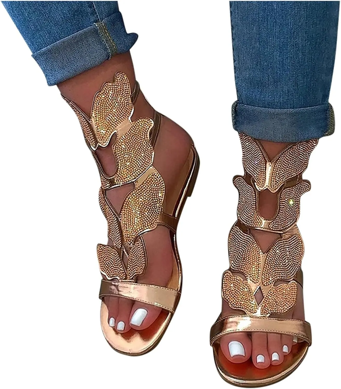 EMRELOD Sandals for Women Dressy Summer Flat Casual Summer Rhinestone Beaded Sparkly Bling Bohemian Lace Flower Sandal Comfortable Elastic Ankle Strap Beach Shoes (Gold-c, 10)