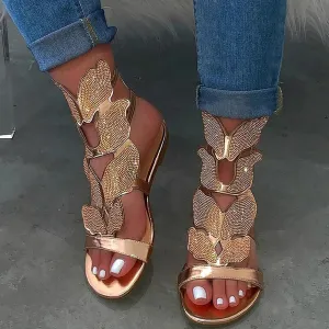 EMRELOD Sandals for Women Dressy Summer Flat Casual Summer Rhinestone Beaded Sparkly Bling Bohemian Lace Flower Sandal Comfortable Elastic Ankle Strap Beach Shoes (Gold-c, 10)
