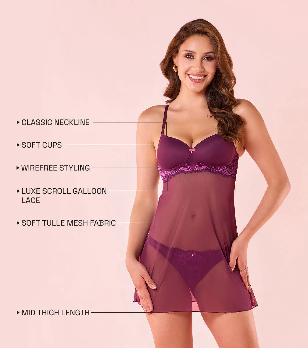 Enamor N193 Padded Wire-Free Babydoll Glam Wave Chemise - Plum Swill