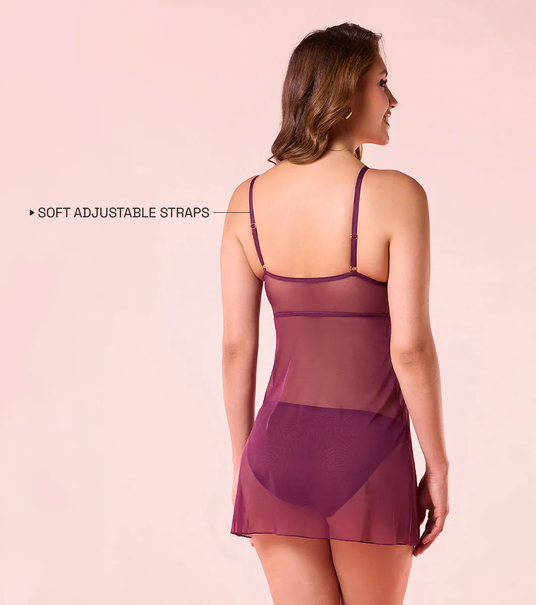 Enamor N193 Padded Wire-Free Babydoll Glam Wave Chemise - Plum Swill