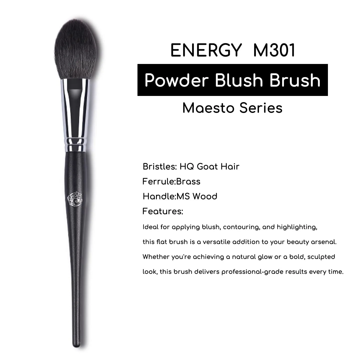 ENERGY Blush Brush for Cheeks Professional Makeup Brush for Blush, Contouring, Highlighting Fluffy flat Powder Brush Goat Hair Brass Ferrule Wood Handle Face Brush M301