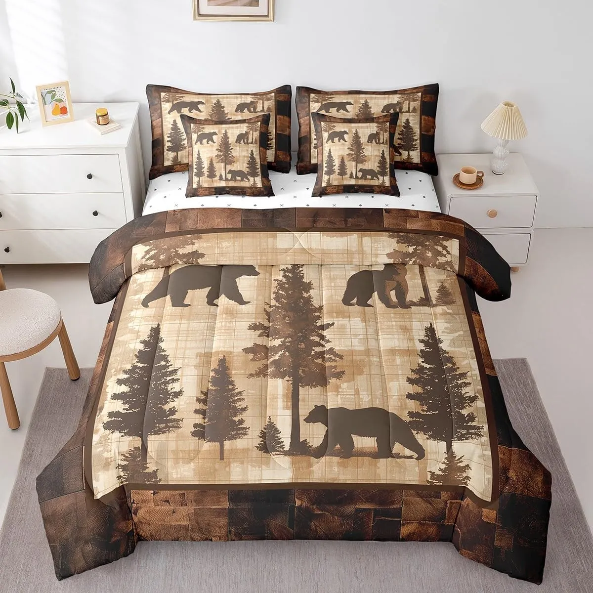 Erosebridal Farmhouse Bear Comforter Set Full 7 Piece Woodland Pine Tree Bed in a Bag Wildlife Decor for Home,Rustic Cabin Style Bear Bedding Set with Fitted Sheet,Flat Sheet,Pillowcases & Shams