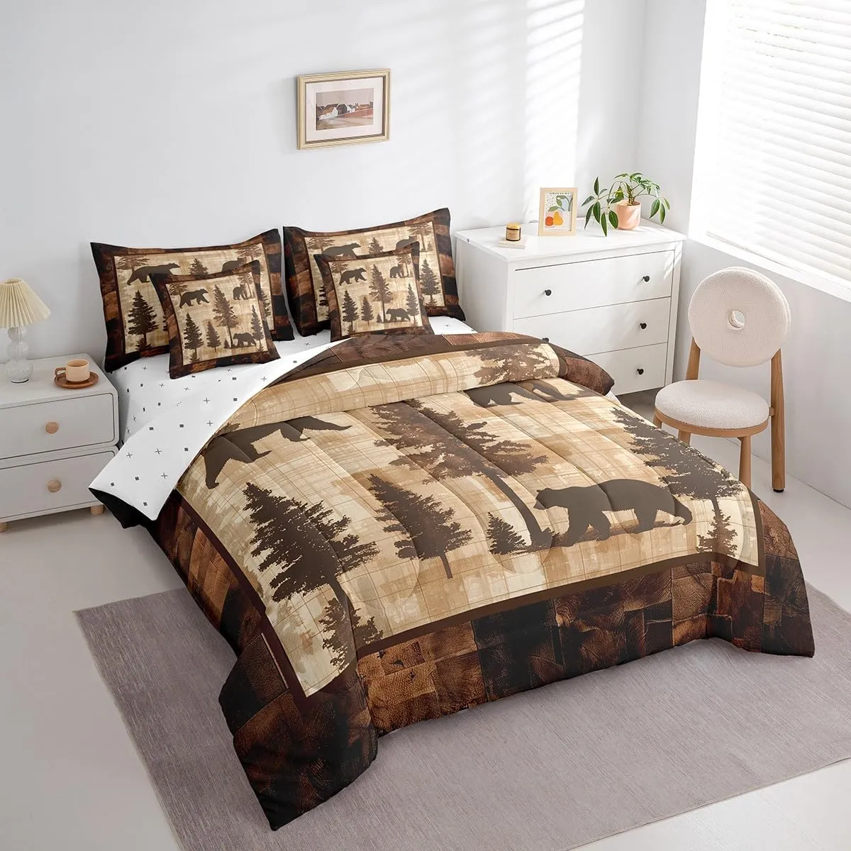 Erosebridal Farmhouse Bear Comforter Set Full 7 Piece Woodland Pine Tree Bed in a Bag Wildlife Decor for Home,Rustic Cabin Style Bear Bedding Set with Fitted Sheet,Flat Sheet,Pillowcases & Shams