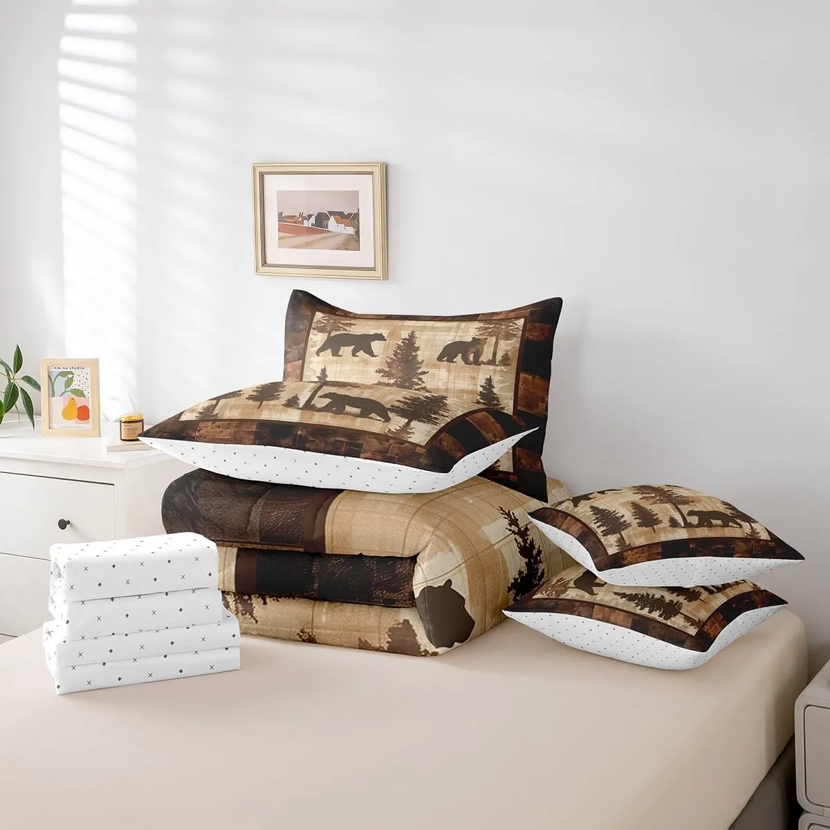 Erosebridal Farmhouse Bear Comforter Set Full 7 Piece Woodland Pine Tree Bed in a Bag Wildlife Decor for Home,Rustic Cabin Style Bear Bedding Set with Fitted Sheet,Flat Sheet,Pillowcases & Shams