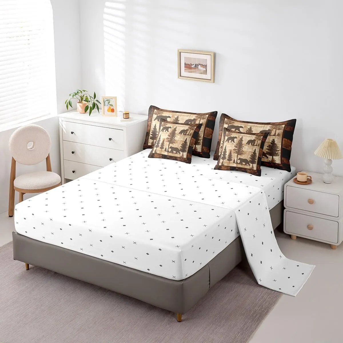 Erosebridal Farmhouse Bear Comforter Set Full 7 Piece Woodland Pine Tree Bed in a Bag Wildlife Decor for Home,Rustic Cabin Style Bear Bedding Set with Fitted Sheet,Flat Sheet,Pillowcases & Shams