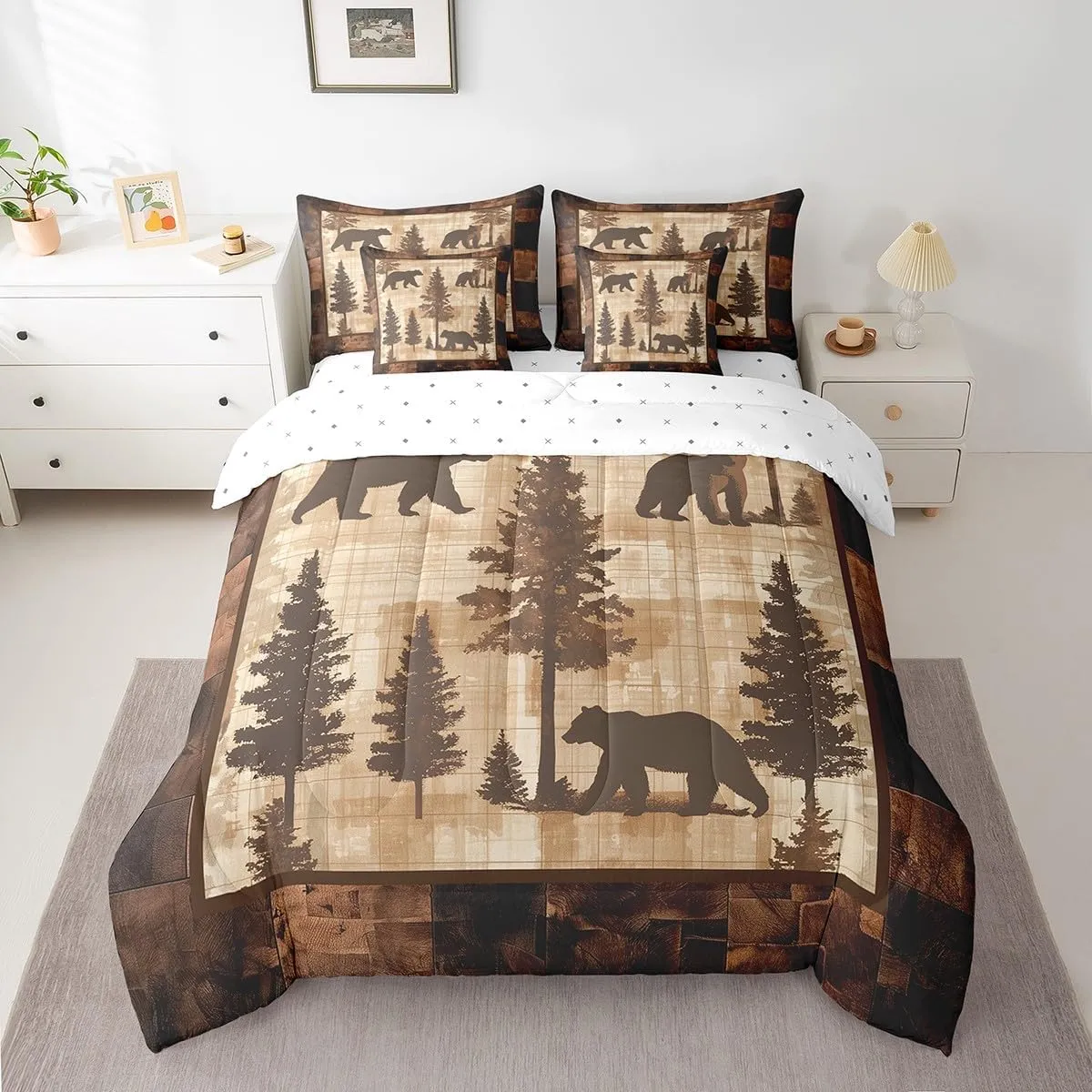 Erosebridal Farmhouse Bear Comforter Set Full 7 Piece Woodland Pine Tree Bed in a Bag Wildlife Decor for Home,Rustic Cabin Style Bear Bedding Set with Fitted Sheet,Flat Sheet,Pillowcases & Shams