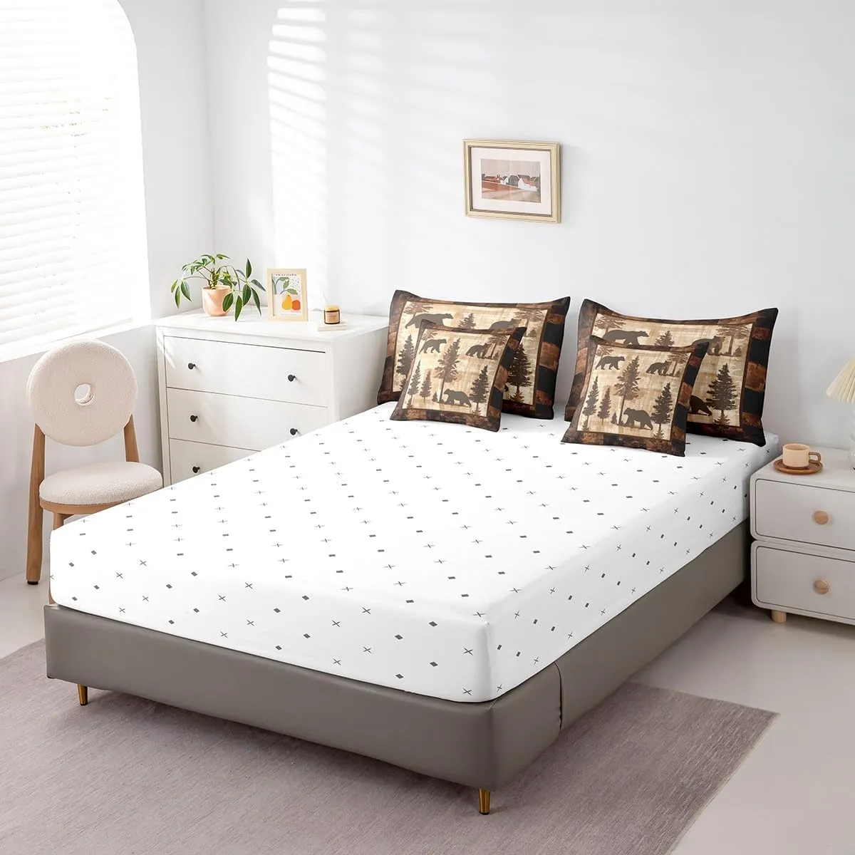 Erosebridal Farmhouse Bear Comforter Set Full 7 Piece Woodland Pine Tree Bed in a Bag Wildlife Decor for Home,Rustic Cabin Style Bear Bedding Set with Fitted Sheet,Flat Sheet,Pillowcases & Shams