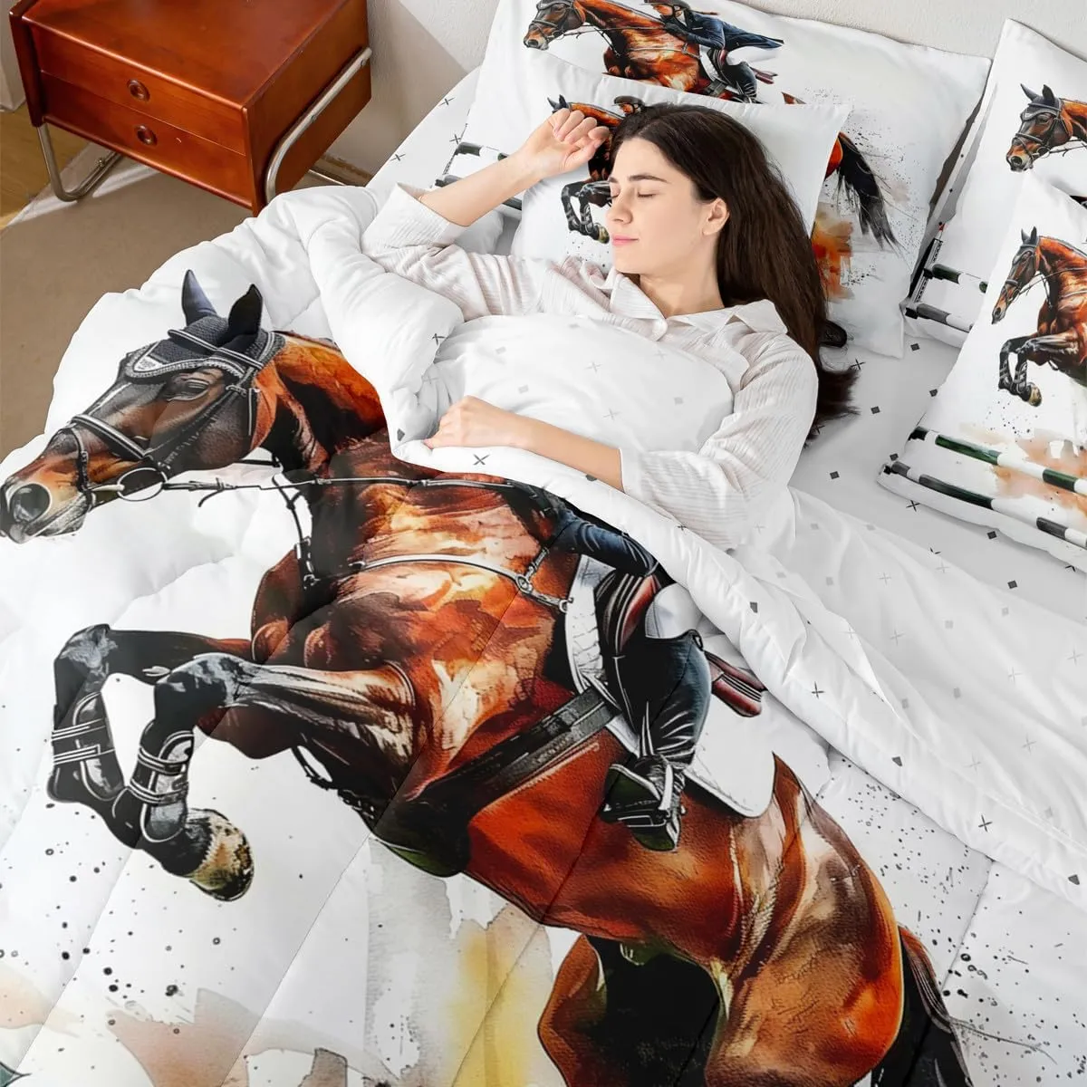 Erosebridal Horse Racing Bed in A Bag Competitive Sports Bedding Set Retro Race Art King Comforter Set 7 Piece for Kids Teen Adults,Western Cowboys Riders Sheet Set with Comforter Room Decor