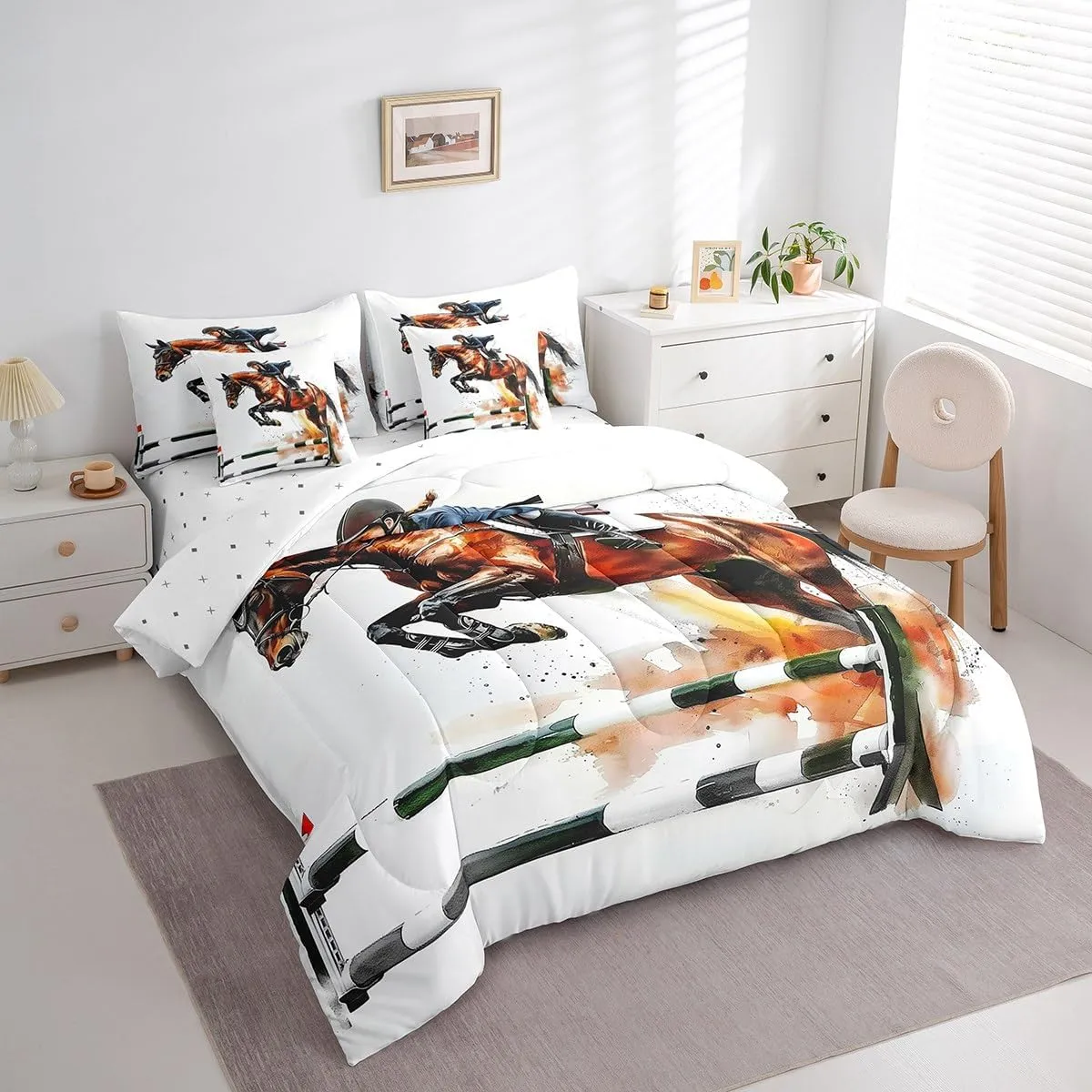 Erosebridal Horse Racing Bed in A Bag Competitive Sports Bedding Set Retro Race Art King Comforter Set 7 Piece for Kids Teen Adults,Western Cowboys Riders Sheet Set with Comforter Room Decor