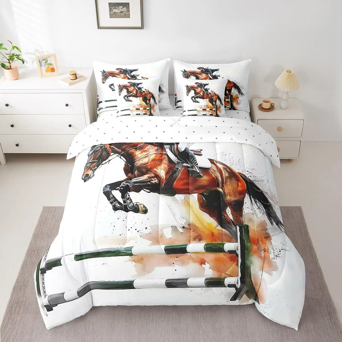Erosebridal Horse Racing Bed in A Bag Competitive Sports Bedding Set Retro Race Art King Comforter Set 7 Piece for Kids Teen Adults,Western Cowboys Riders Sheet Set with Comforter Room Decor