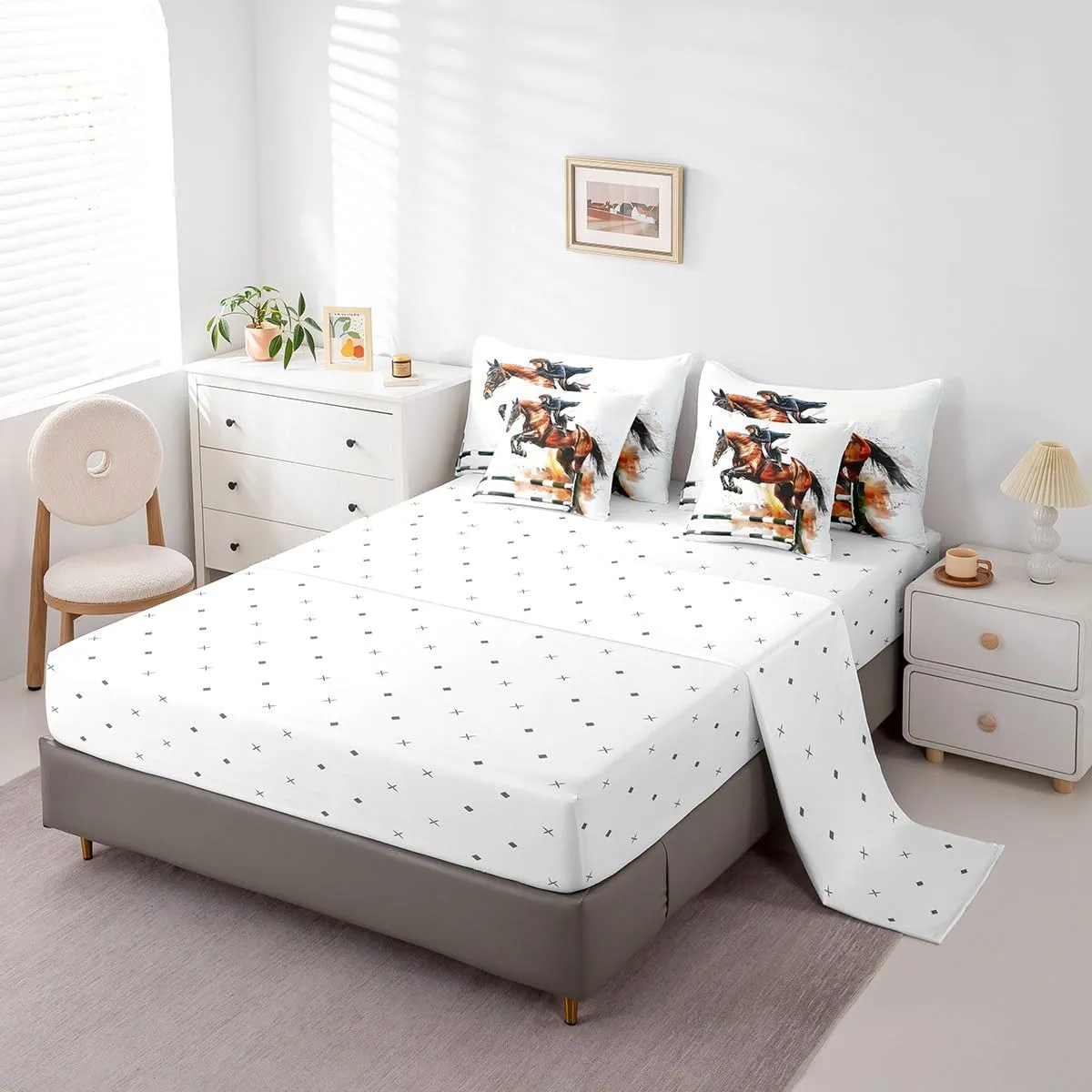 Erosebridal Horse Racing Bed in A Bag Competitive Sports Bedding Set Retro Race Art King Comforter Set 7 Piece for Kids Teen Adults,Western Cowboys Riders Sheet Set with Comforter Room Decor