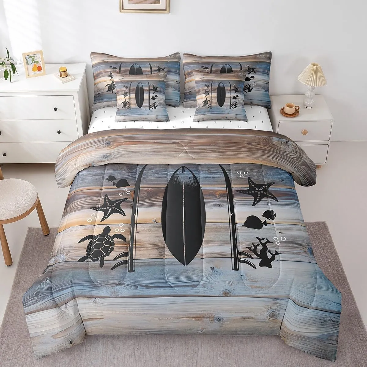 Erosebridal Nautical Bed in A Bag Twin Size,Tropical Coastal Starfish Turtle Fish Comforter Set for Kids,Lake Surfboard Bedding Sets,Rustic Wooden Barn Door Quilt with Flat Fitted Sheet,Pillow Covers