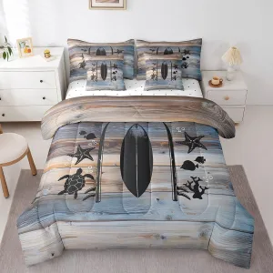 Erosebridal Nautical Bed in A Bag Twin Size,Tropical Coastal Starfish Turtle Fish Comforter Set for Kids,Lake Surfboard Bedding Sets,Rustic Wooden Barn Door Quilt with Flat Fitted Sheet,Pillow Covers