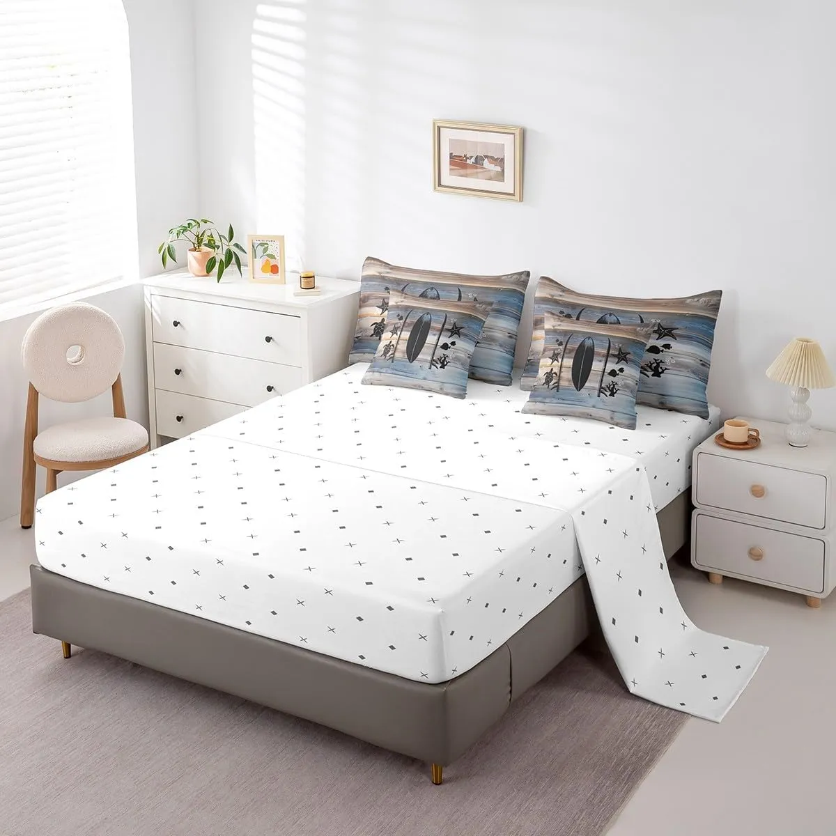 Erosebridal Nautical Bed in A Bag Twin Size,Tropical Coastal Starfish Turtle Fish Comforter Set for Kids,Lake Surfboard Bedding Sets,Rustic Wooden Barn Door Quilt with Flat Fitted Sheet,Pillow Covers