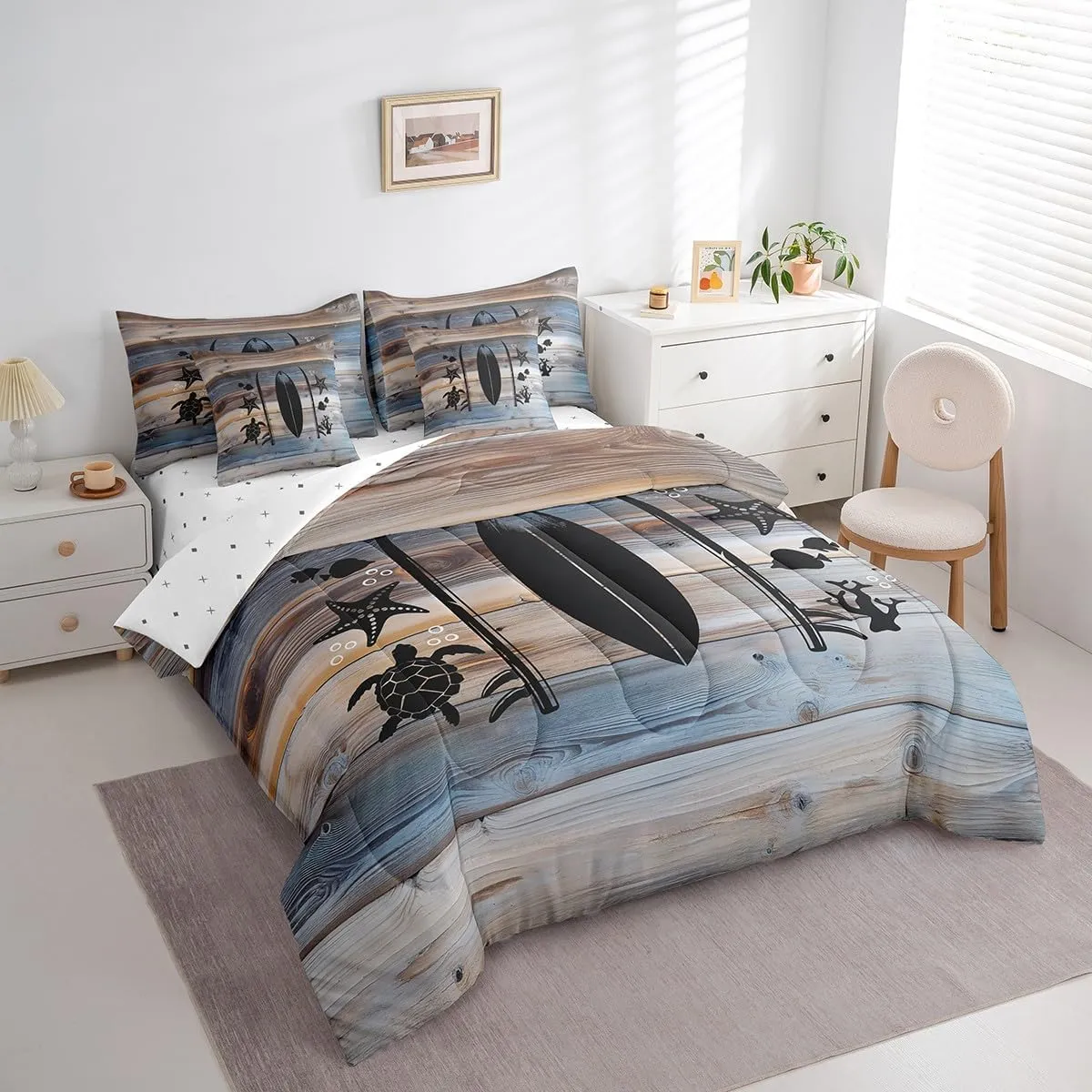 Erosebridal Nautical Bed in A Bag Twin Size,Tropical Coastal Starfish Turtle Fish Comforter Set for Kids,Lake Surfboard Bedding Sets,Rustic Wooden Barn Door Quilt with Flat Fitted Sheet,Pillow Covers