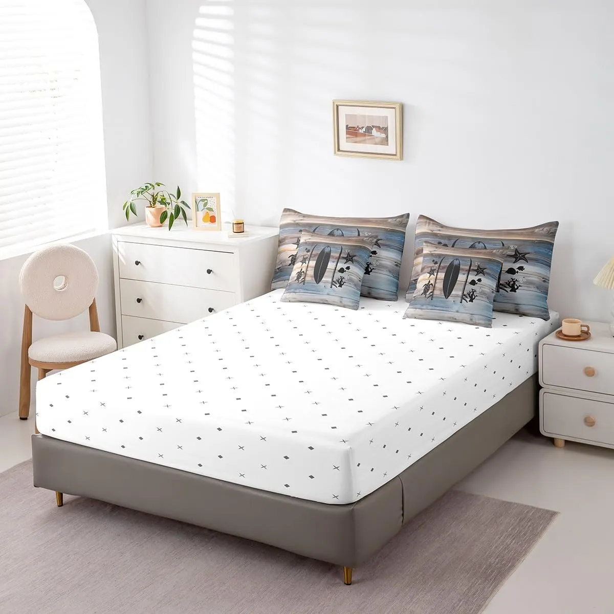 Erosebridal Nautical Bed in A Bag Twin Size,Tropical Coastal Starfish Turtle Fish Comforter Set for Kids,Lake Surfboard Bedding Sets,Rustic Wooden Barn Door Quilt with Flat Fitted Sheet,Pillow Covers