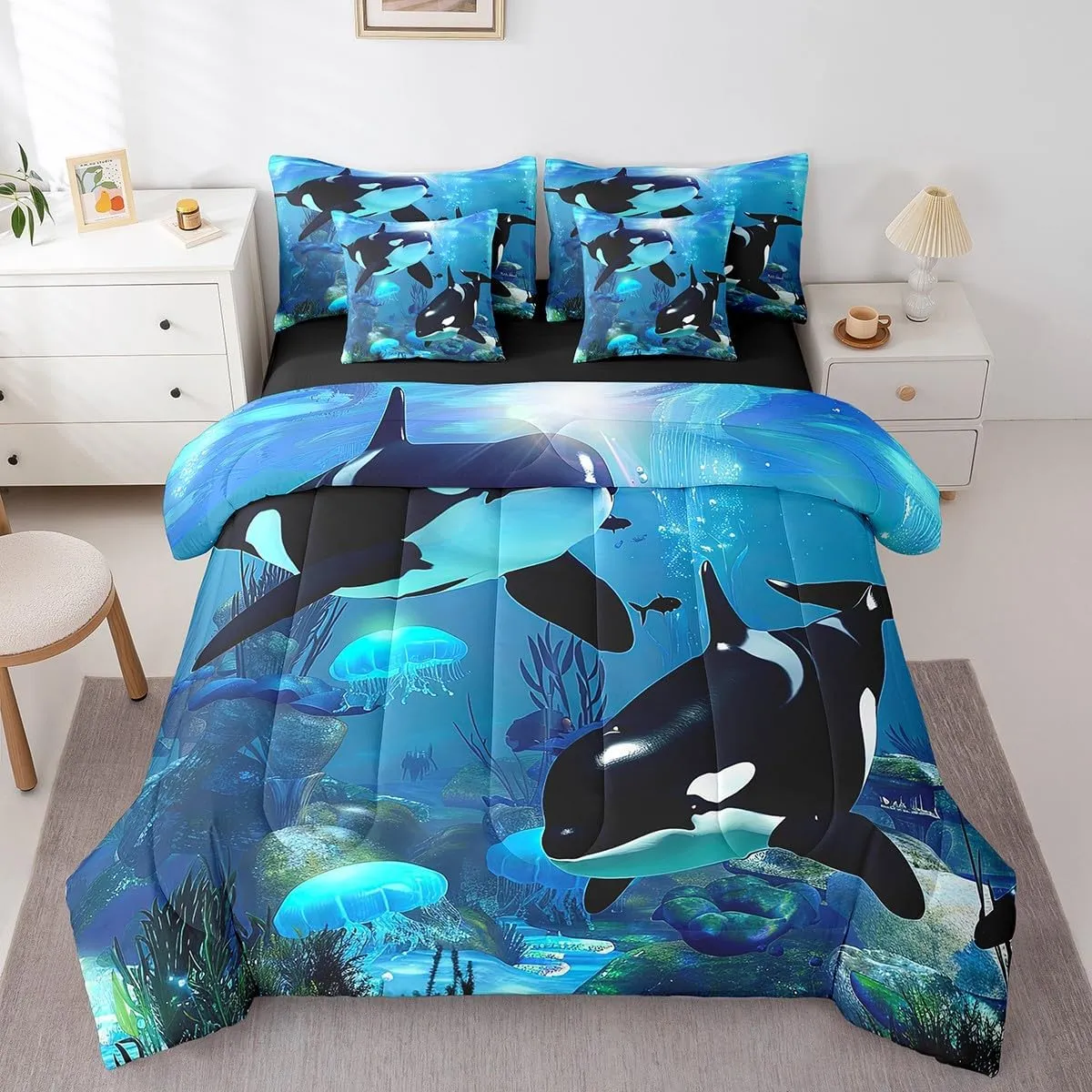 Erosebridal Teal Ocean Bedding Set Queen 7 Piece,Jellyfish Killer Whale Comforter Set with Sheets Underwater World Bed in A Bag Orcinus Orcas Deep Sea Animals Marine Life Bed Set