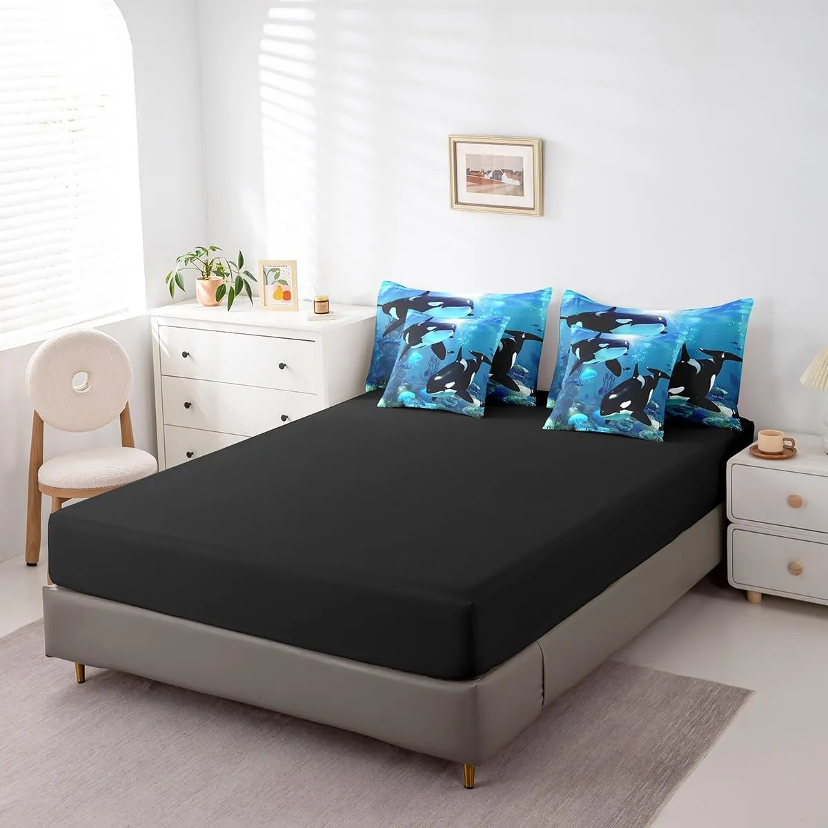 Erosebridal Teal Ocean Bedding Set Queen 7 Piece,Jellyfish Killer Whale Comforter Set with Sheets Underwater World Bed in A Bag Orcinus Orcas Deep Sea Animals Marine Life Bed Set