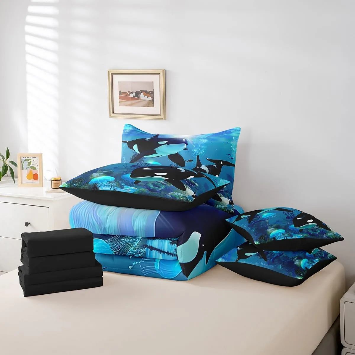 Erosebridal Teal Ocean Bedding Set Queen 7 Piece,Jellyfish Killer Whale Comforter Set with Sheets Underwater World Bed in A Bag Orcinus Orcas Deep Sea Animals Marine Life Bed Set