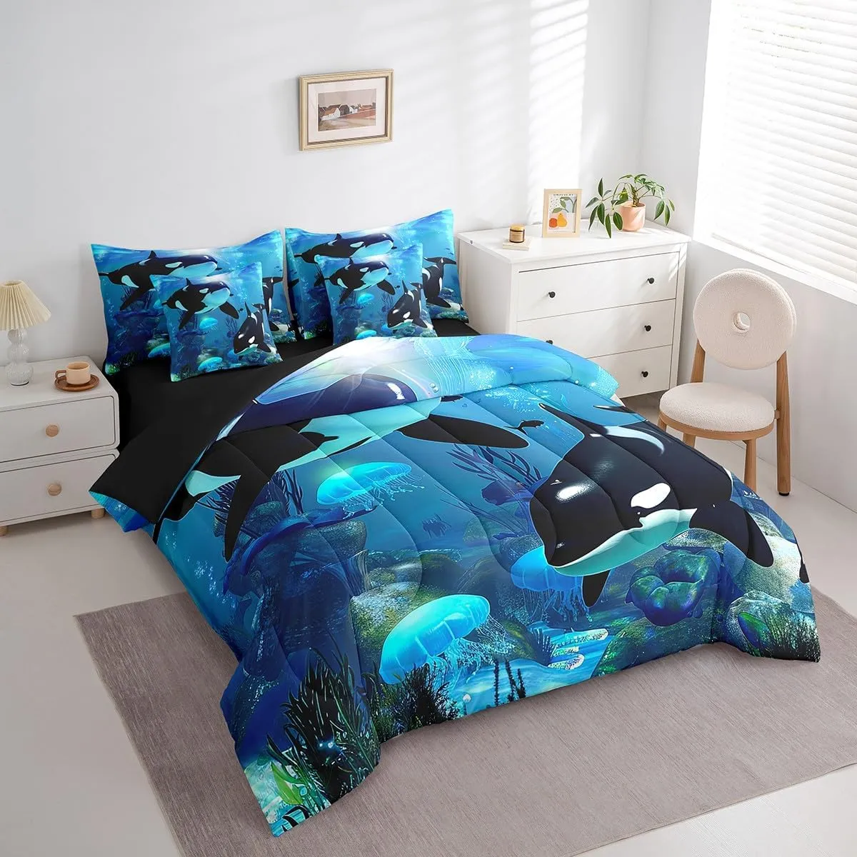 Erosebridal Teal Ocean Bedding Set Queen 7 Piece,Jellyfish Killer Whale Comforter Set with Sheets Underwater World Bed in A Bag Orcinus Orcas Deep Sea Animals Marine Life Bed Set