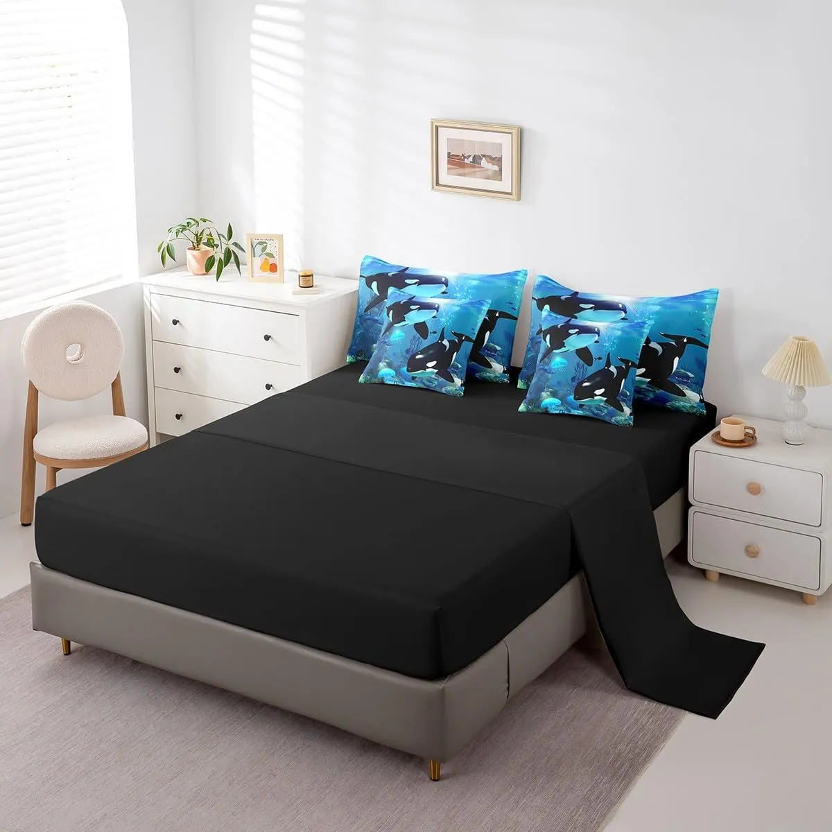 Erosebridal Teal Ocean Bedding Set Queen 7 Piece,Jellyfish Killer Whale Comforter Set with Sheets Underwater World Bed in A Bag Orcinus Orcas Deep Sea Animals Marine Life Bed Set