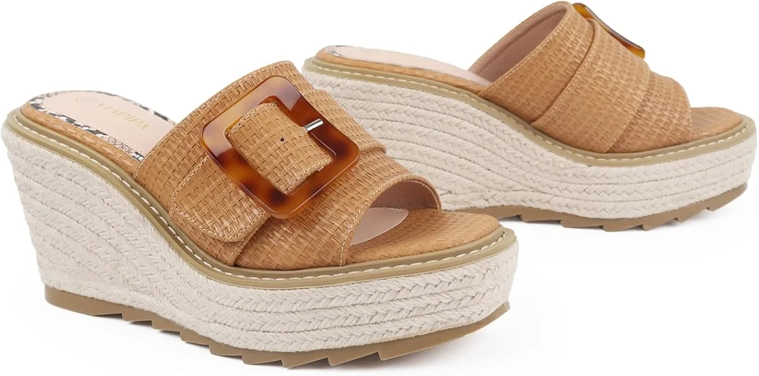 Espadrille Dressy Wedge Sandals, Adjustable Ankle Strap Buckle Women's Platform Sandals Dressy Square Toe, Comfortable High Heel Beach Shoes with Cushioned Footbed for Casual Summer