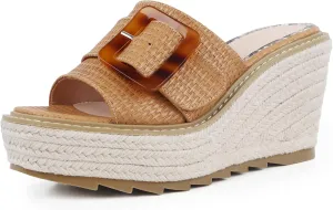Espadrille Dressy Wedge Sandals, Adjustable Ankle Strap Buckle Women's Platform Sandals Dressy Square Toe, Comfortable High Heel Beach Shoes with Cushioned Footbed for Casual Summer