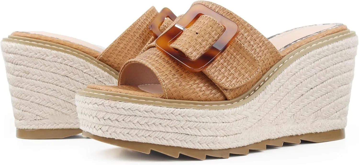 Espadrille Dressy Wedge Sandals, Adjustable Ankle Strap Buckle Women's Platform Sandals Dressy Square Toe, Comfortable High Heel Beach Shoes with Cushioned Footbed for Casual Summer