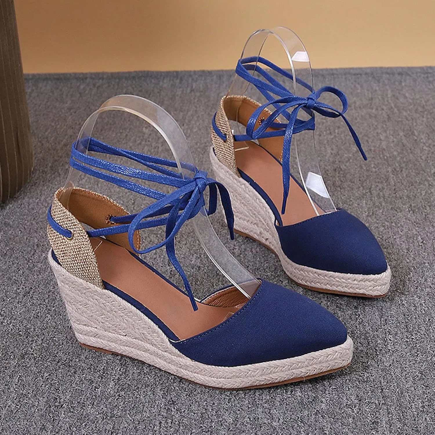 Espadrille Wedge Sandals for Women Lace Up Closed Toe Ankle Strap Nude Platform Sandals Wide Width Braided Lightweight Non-Slip Vintage Summer Sandals