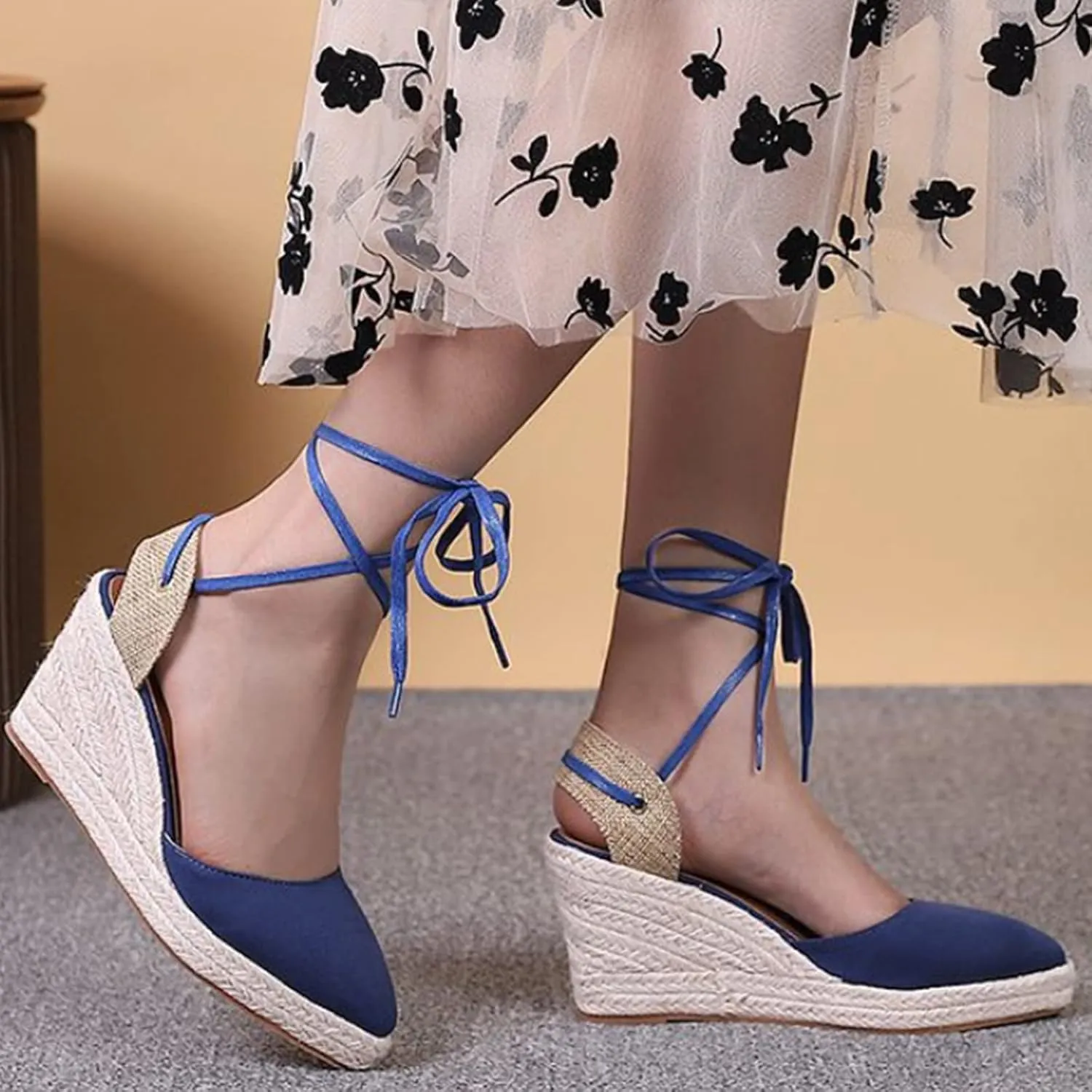 Espadrille Wedge Sandals for Women Lace Up Closed Toe Ankle Strap Nude Platform Sandals Wide Width Braided Lightweight Non-Slip Vintage Summer Sandals