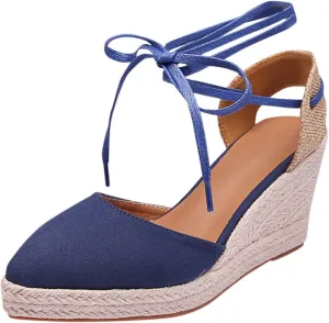 Espadrille Wedge Sandals for Women Lace Up Closed Toe Ankle Strap Nude Platform Sandals Wide Width Braided Lightweight Non-Slip Vintage Summer Sandals