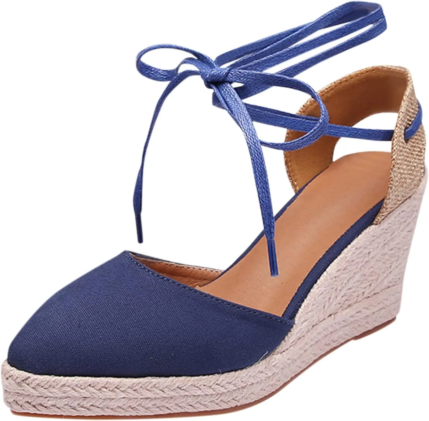 Espadrille Wedge Sandals for Women Lace Up Closed Toe Ankle Strap Nude Platform Sandals Wide Width Braided Lightweight Non-Slip Vintage Summer Sandals